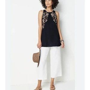 J. JILL | Navy Boho Floral Embroidered Crinkle Sleeveless Top Tunic| Size LP